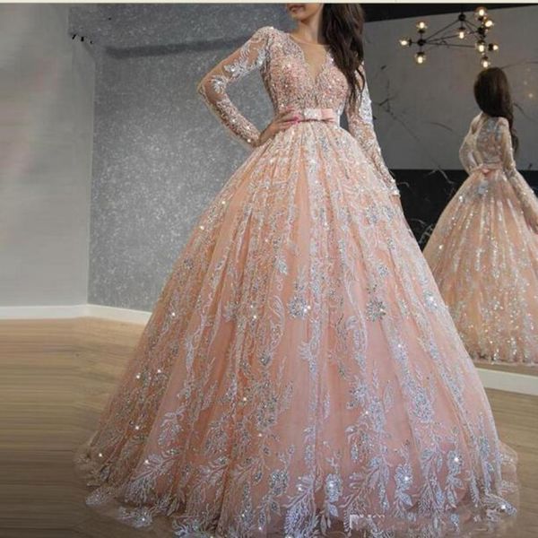 2020 Sparkly Pink Quinceanera Vestidos Lembrete de laca vestido de baile de baile Jóia pescoço de manga longa Doce 16 vestido longo