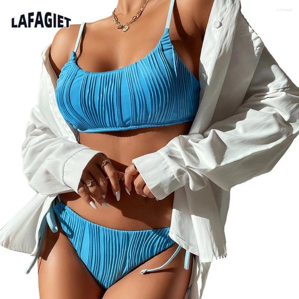 MEDIA DE AMBATO Feminino Americano Europeu sexy u pescoço de duas peças de maiôs Sleeveses Bikini Top Top Swims Color Solid Color Beach