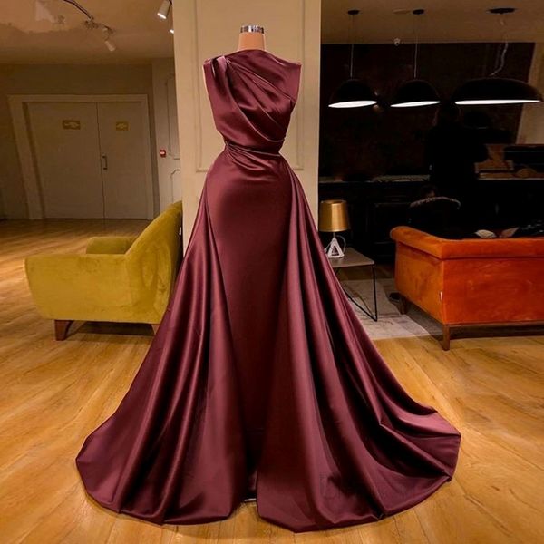 2020 Burgund Muslim Abendkleider Vestido de Novia Falten Satin Arabische Meerjungfrau Dubai Promkleider roter Teppichkleid 251r