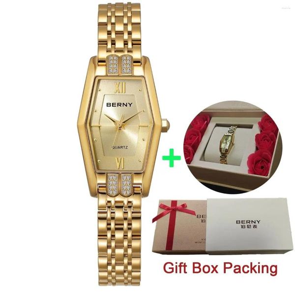 Relógios de pulso Berny vigia para senhoras diamantes Gold Wristwatch Dial Green Women Rose Gift Box Luxury Stainless Steel impermeável Relógios à prova d'água