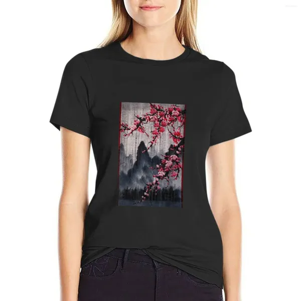 Polos femminile Vintage Cherry Blossom Woodblock Tree giapponese.Giapponese con t-shirt rossa luna