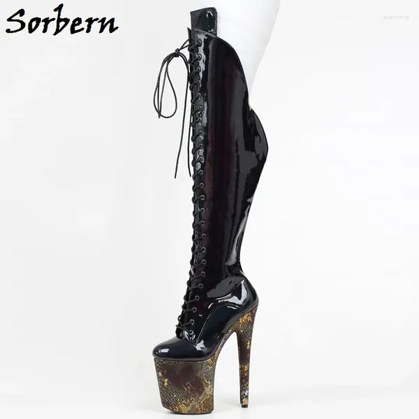 Stiefel Sorben Sonderanfertigung über die Knie -Holo Schlange Schnürung Stabentanz High Heel Plattform Startstripper Heels 20 cm 17 cm 15 cm