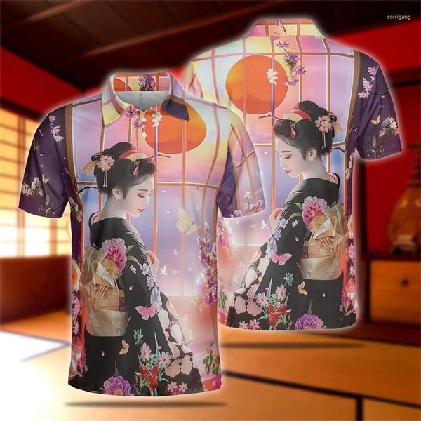 Herren Polos Japanisch Geisha 3d gedruckte Poloshirts für Männer Kleidung Harajuku Mode Kirschblüten Kabuki -Hemd Geiko Kurzärmel Top