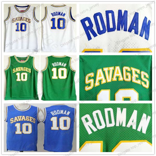 NCAA Savages Dennis #10 Rodman College Basketball Maglie da basket Shirts Verde Bianco Blu The Worm Dennis Rodman Man Cucited Jersey