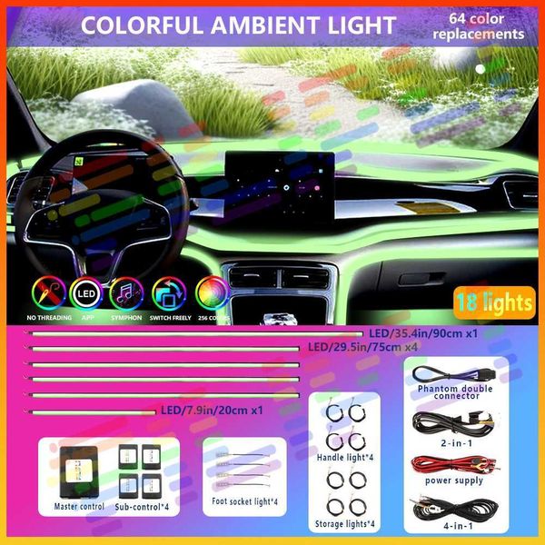 Dekorative Lichter Vollfarb Streamer Auto Umgebungslichter Universal App Control 64 Farben RGB LED Interieur versteckte Acrylatmosphäre Lampenstreifen T240509