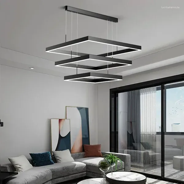 Kronleuchter moderner quadratischer LED -Kronleuchter für Wohnzimmer Esszimmer Küchen Schlafzimmer Schwarze Rechteck Decke Anhänger Lampe hängende Licht