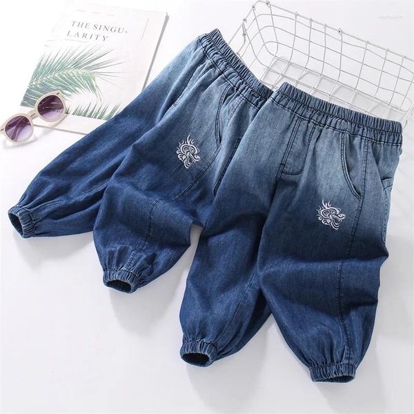 Calças de verão jeans jeans finos em estilo chinês bordados com padrões amarrar calças compridas moda infantil