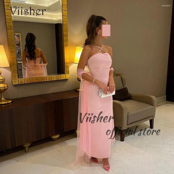 Partykleider Viisher Pink Mermaid Abend Perlen Halfter Mono Satin Langes Abschlussball Kleid Knöchel Länge formelle Kleider