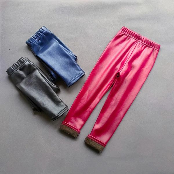 Calça de meninas outono inverno crianças imitando couro leggings quentes babys meninas e calças de veludo roupas de crianças pretas 240508