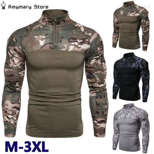 Camisetas masculinas camuflagem camiseta longa camiseta de manga longa com zíper casual stand stand colar elástico ao ar livre camisa de fitness tática militar
