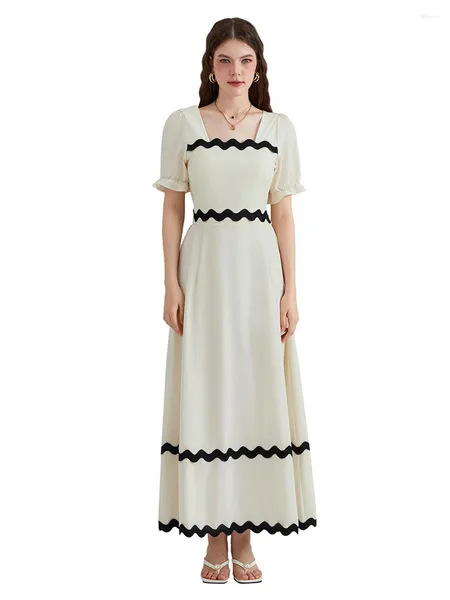 Abiti casual donna abito estate collo quadra manica corta sbuffo lungo riccatto rac back smiock a-line flow maxi