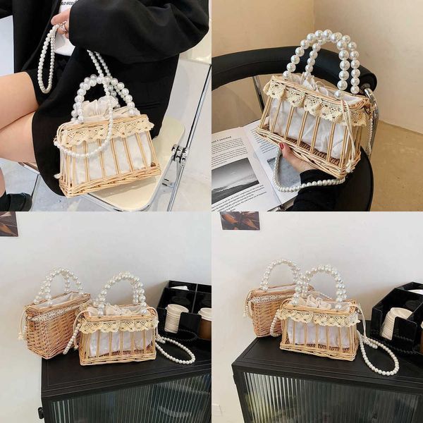 Gras Abend Beach Bags gewebte Tasche für Frauen Frühling modische Rattan Perlen Handheld kleiner quadratischer Spitze einzelner Schulterkreuzkörper