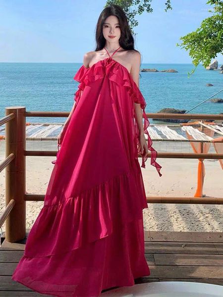 Vestidos casuais verão rosa vermelha elegante sexy sexy sem costas de backless vestido longo vestido longo para mulheres bordando bordado fora do ombro plissado