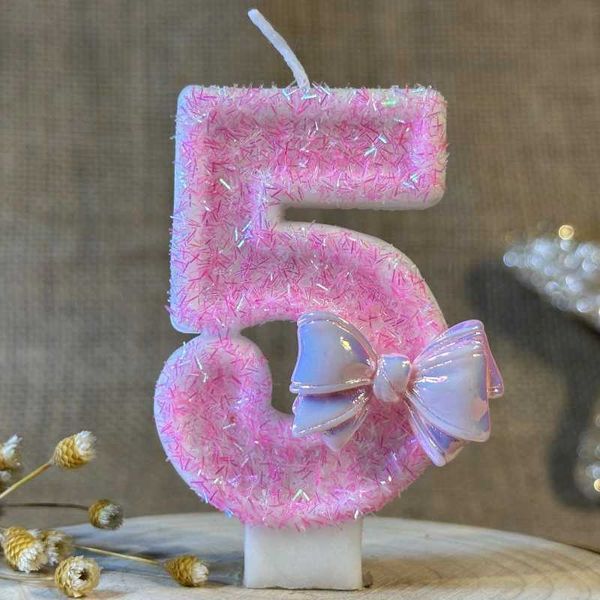 5 pezzi Candele Candele di compleanno per bambini 0-9 Numero Pink Bow glitter Candela 1 anno per la festa per l'anniversario della decorazione della torta