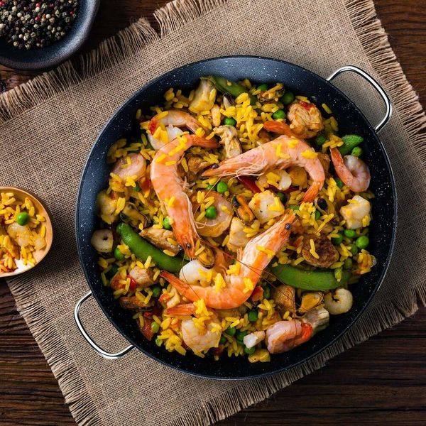 A ativar a culinária de 14 polegadas de aço inoxidável paella, revestimento antiaderente, frutos do mar e carne 6 porções, panela de cozinha adequada para todos os cooktops, incluindo indução, 36