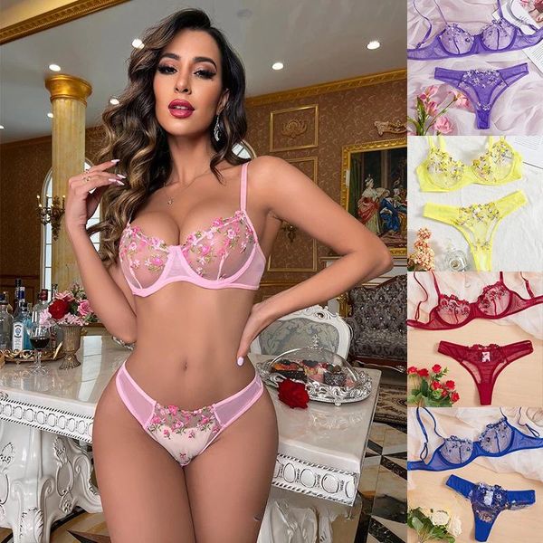 Reggiseni set di lingerie sexy ricamo floreale biancheria intima trasparenti kit di cura della pelle in pizzo trasparente delicati set da fata 2 pezzi