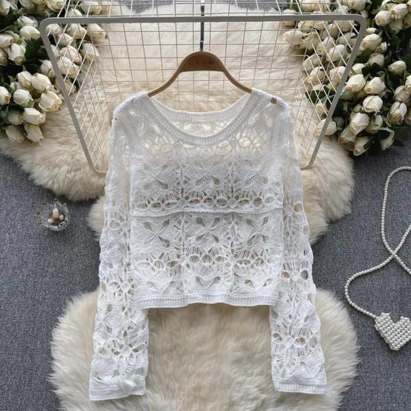 Polos femminile Boemian Top Fashion Ladies Crochet Wollo Hollo Long Sleeve Blouse 2024 Spring Summer Women Shirt Versatile