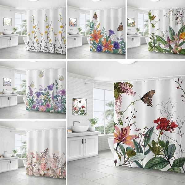 Duschvorhänge Blumen und Schmetterling Badezimmer Vorhang Wasserdeter Stoff mit Haken trocken nasse Trennung Badewanne Bildschirmdekoration