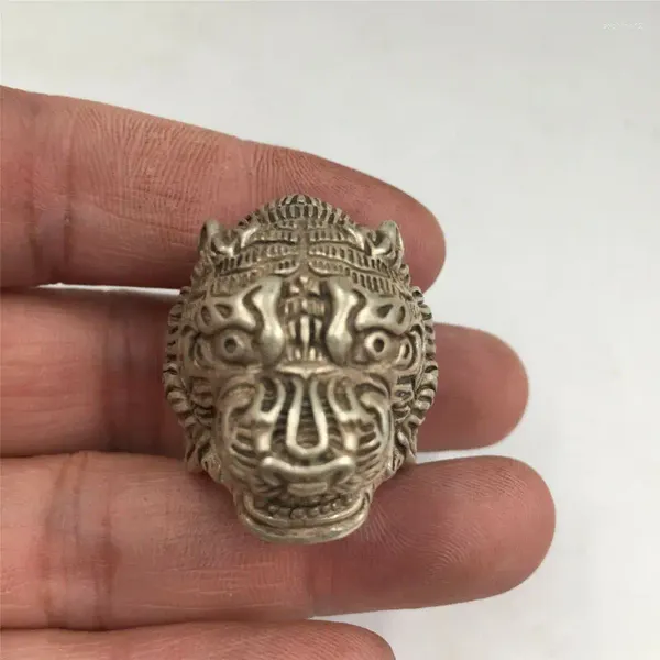 Estatuetas decorativas China antiga antiga tibetana prata feita à mão Lucky Tiger 19mm Ring