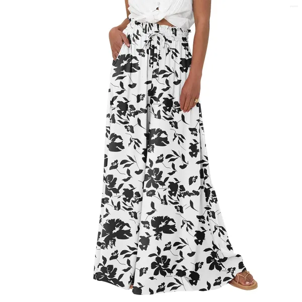 Calça feminina feminina mulher casual cintura larga perna larga verão floral sólido longa calosgo praia calça com roupas de bolso