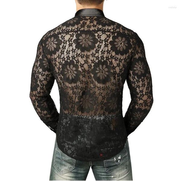 Camisas casuais masculinas Sexy Veja através da camisa de renda preta Slim Fit Manga Longa Fishnet Clubwear Men Flower Bordado transparente Tops transparentes