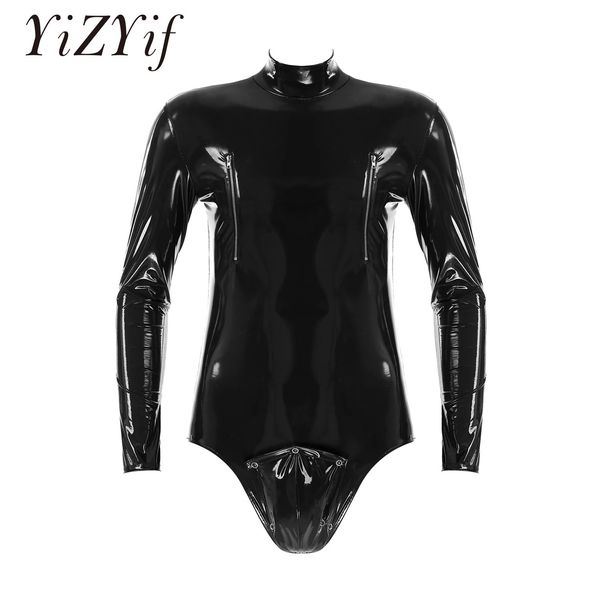 Catsuit lucido da uomo sexy cerniera sexy grotta aperta buoni in pelle lucida bodella porno sussulto wetlook lattice lettice salti di salto clubwwear 240511