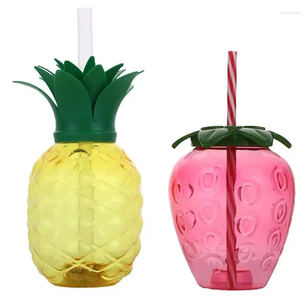 Copas descartáveis palhas 2pcs abacaxi e morango para beber copo de festa com palha de tampa