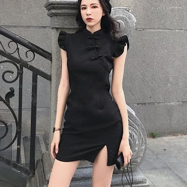 Vestidos de festa gótica vintage de manga curta Bodycon preto cheongsam vestido mulheres mulheres de rua sólida mini indie feminina casual