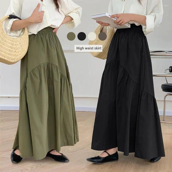 Saias da cintura alta saia maxi para mulheres 2024 Spring Solid Solid Office Lady Khaki A-Line Long Womans Roupas