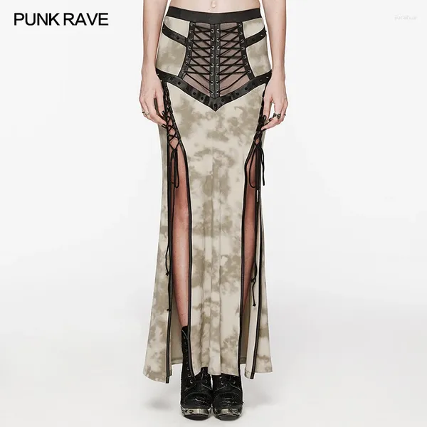 Röcke Punk Rave Damen täglich sexy sexy durchweg Mesh Drawschnell Seilschlitzrock Gothic Personalisierte lange 2 Farben verfügbar