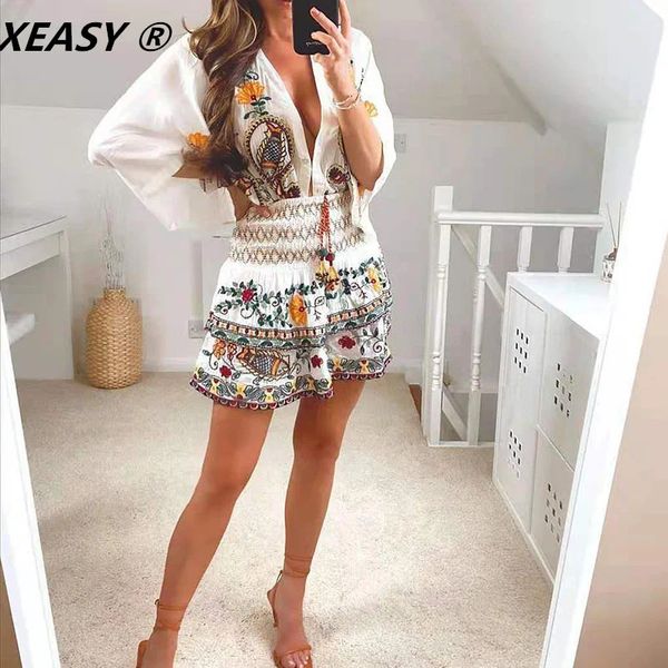 Xeasy Women Fashion 2Pece Set Flowers Vintage Batwing Sleeve Bordered Shirt Female High Casting Mini Salia Sweet Suits 240428