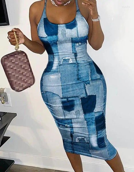 Abiti casual Gonna in denim da donna per 2024 estate eleganti sexy sexy a margoniera senza manicotto stampare il bodycon golfnet.