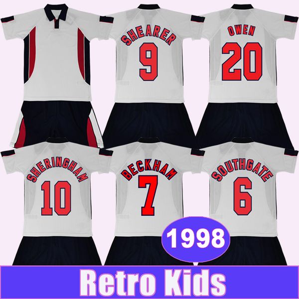 1998 Shearer Retro Kids Kit Soccer Jerseys Sheringham Owen Southgate Shearer Home Cinza Manga curta Camisa de futebol uniformes