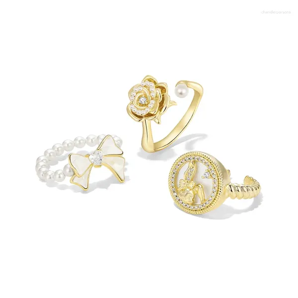 Кластерные кольца 925 Стерлинговая серебряная жемчужная роза лук для женщин