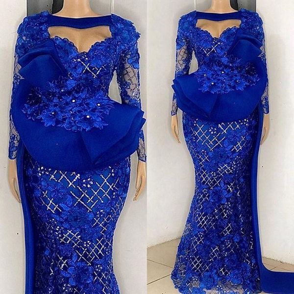 Plus Tamanho Árabe ASO ebi Sereia Luxuosa vestidos de baile Lace Mangas compridas Azul da noite de festa formal de segunda recepção Vestido 293U