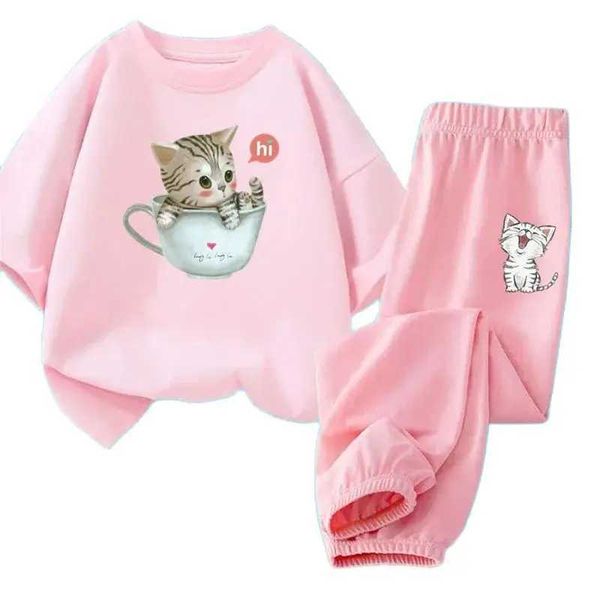 Комплекты одежды Девушки Симпатичная одежда набор 2024 Летняя футболка для кошки с короткими рукавами+длинные брюки с 2 частями для детской легкой атлетики и молодежи