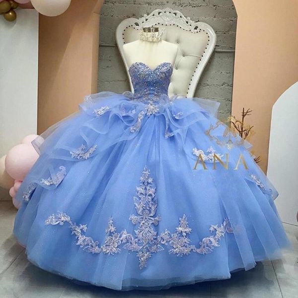 Светлое голубое голубое кусочковое платья Quinceanera возлюбленная Sequind Prom Sweety 16 платье