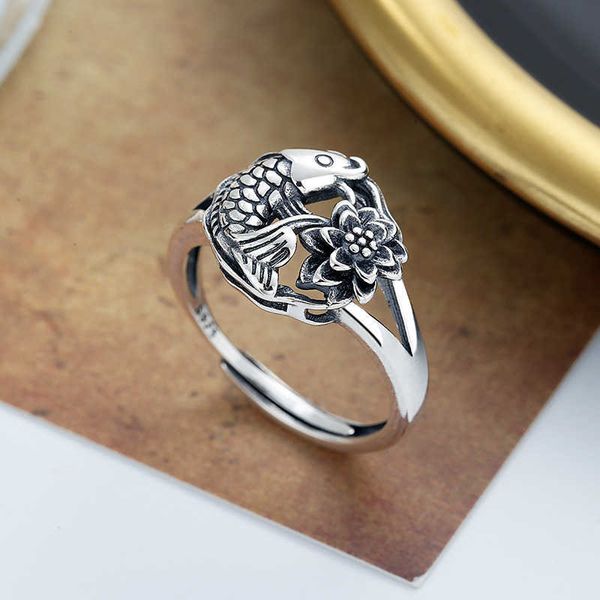 S925 Pure Pure Silver Usato Craft Koi Fish Lotus Ring Art Lotus Fish Fe Female Versatile Female Female Female