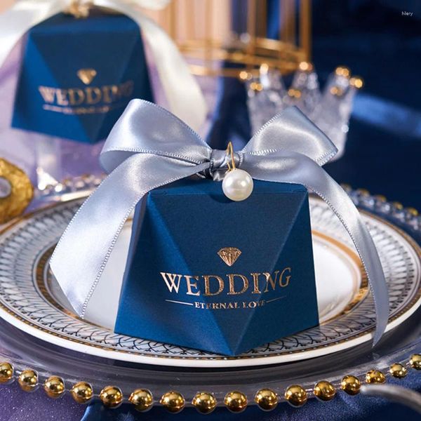 Geschenkverpackung 50pcs Candy Box Navy Blue Diamond Pearl Hochzeitsfeier Bevorzugt süße Kisten 6x6x8cm Teile Zubehör