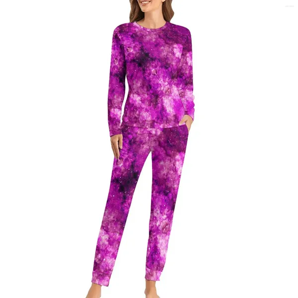 Женская одежда для сна фиолетовая галактика Принт пижамы Весенний космос Эстетика Негабаритная ночная одежда Женщины с длинным рукавом печатные модные пижамные наборы