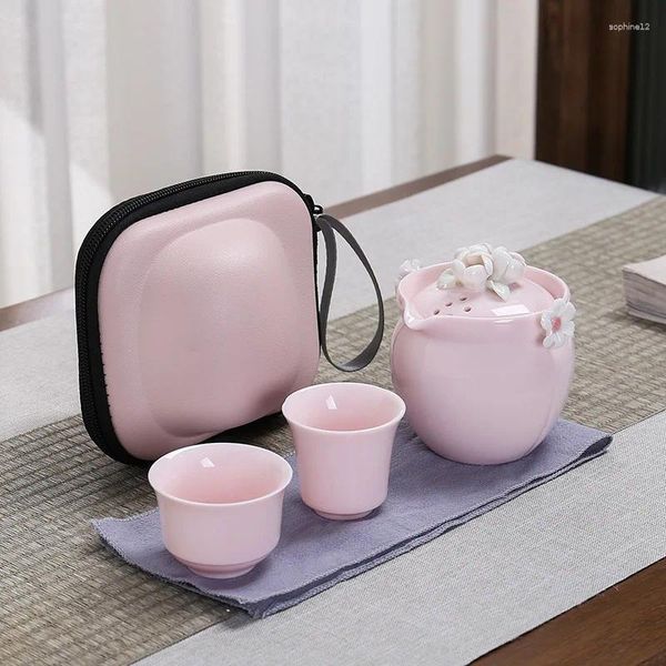 Teaware conjunto de chá rosa e uma xícara de conjunto de beliscão artesanal cerâmica uma duas xícaras de viagem portáteis mulheres