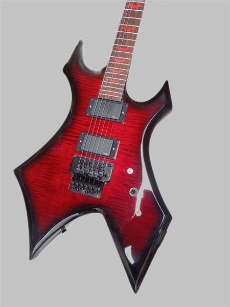 Cambietto BC Rich Flying V Guitarle elettrico con bordi imbottiti rossi e neri, tastiera di pipistrelli rossi e testa per chitarra per unghie