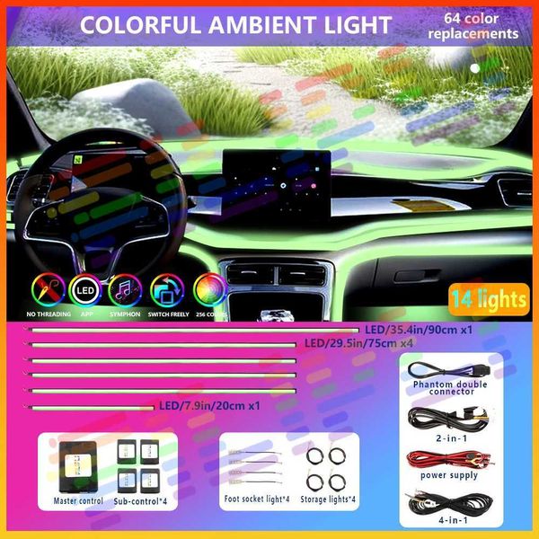 Luci decorative 18 in 1 Auto Symphony Streamer Lights Ambient Interior LED Strip Acrilico Light RGB 64 Decorazione a colori Atmosfera app lampada remoto T240509