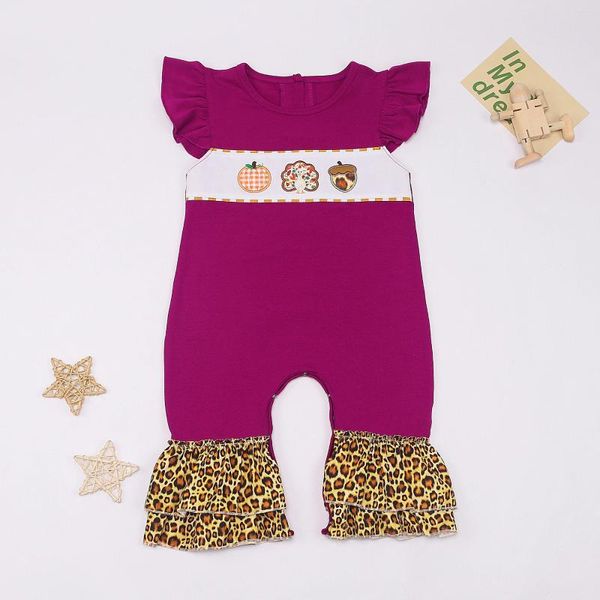 Set di abbigliamento 2024 Design per bambini vestiti viola set di Halloween set One pezzi per bambini Stampa leopardo Bubble in pizzo Pumper tacchino di tacchino