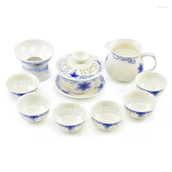 Conjuntos de teaware escavados oco com chá de chá transparente Jingdezhen Cerâmica porcelana branca azul