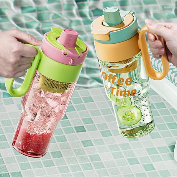 Wasserflaschen Mädchen Frauen Becher Becher mit Griff und Stroh großer Flasche Tee Infuser Tritan BPA kostenlos 850 ml Portab; E Reise