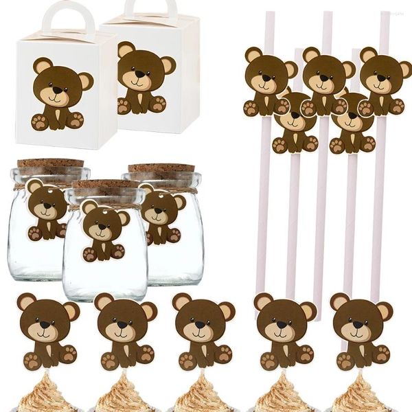 Украшение вечеринки 1Set Cartoon Carte Bear Toppers коричневые бумажные бирки соломинка для детей с днем рождения декор DIY подарки