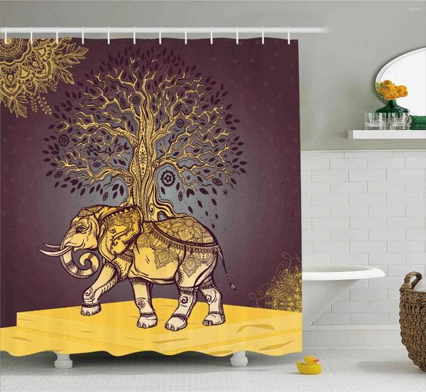 Tende per doccia elefante con albero sul retro antico animale buona fortuna simbolo art tessuto in tessuto decorazioni da bagno set mauve giallo