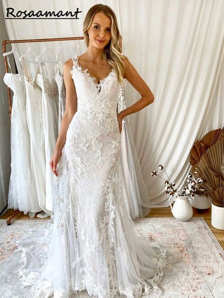 Unledes Mieder fließend eine Linie Tüll Hochzeitskleid mit V Hals Brautkleid Strand Brautkleid Trouwjurk Robe de Mariee