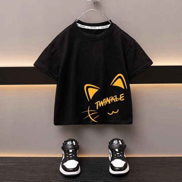 100 magliette per bambini in cotone ragazzi rotondi a collo nero tees giappone cartone animato per gatti carino abbigliamento stampato di alta qualità 2024 240430